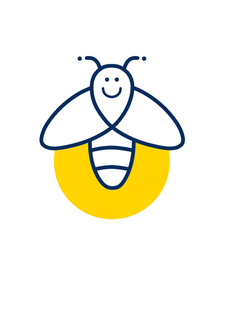 Ein lachendes Bienen Icon in weiss schwarzer Farbe vor einem gelbem Kreis